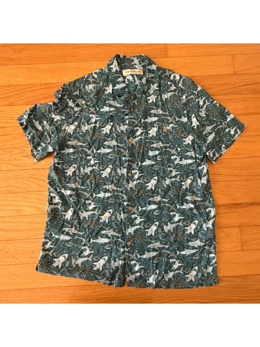 Lanikai Surf Vintage Men's Large Blue Fun Shark Print Hawaiian Button Up Short S